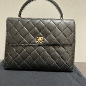 CHANEL calfskin quilted top handle bag,black leather, red leather interior, EUC